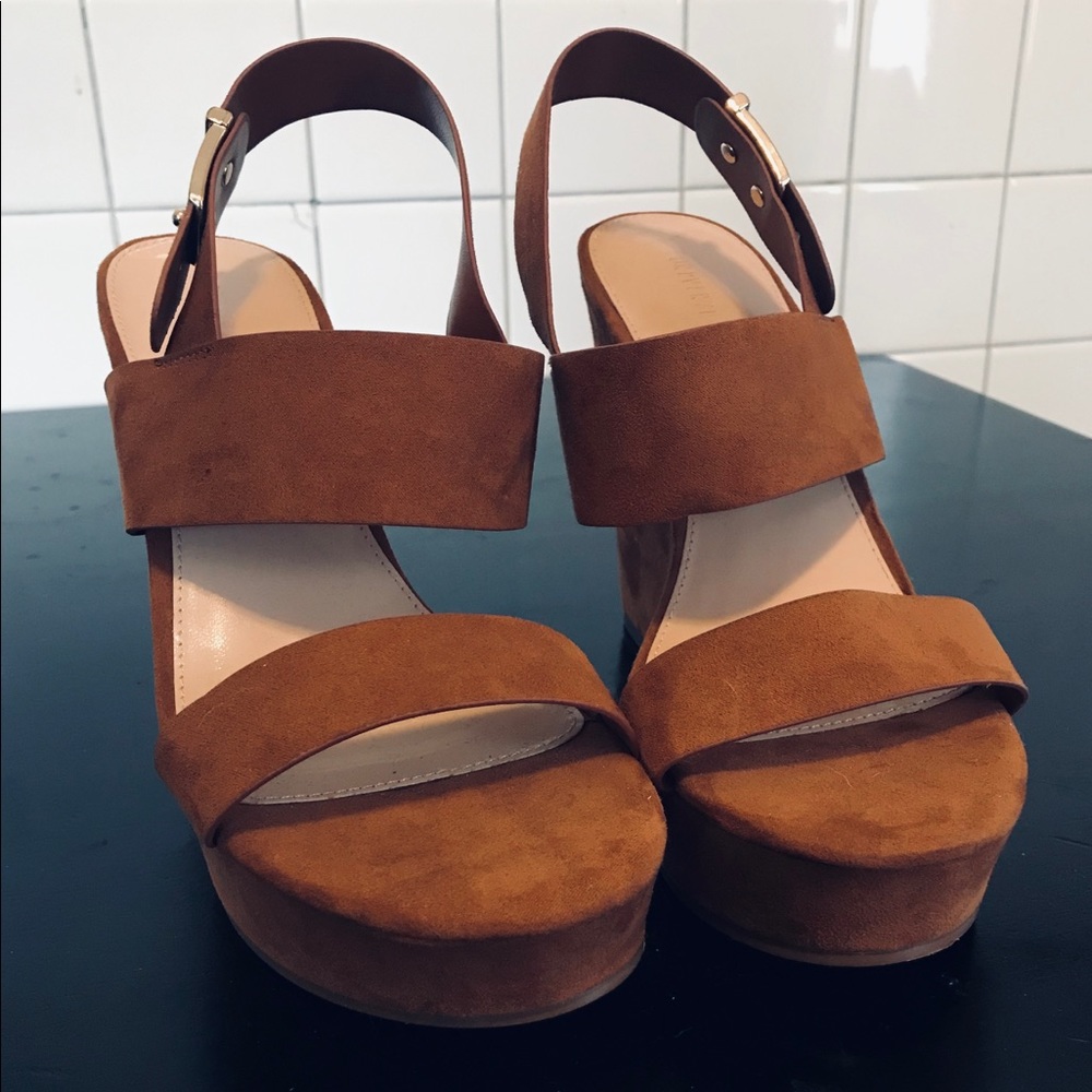 Brown faux suede wedges